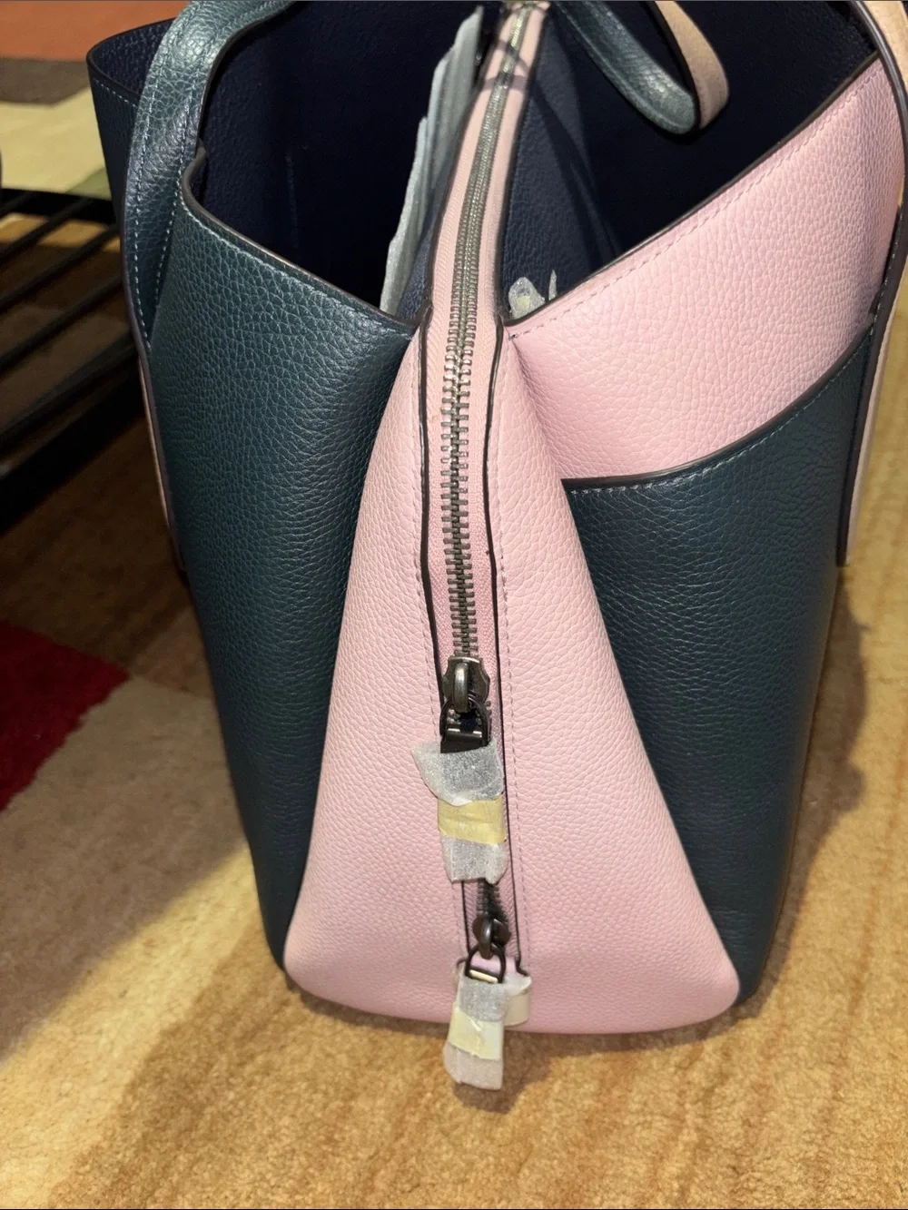 Coach Pink, Dark Green and Nude Leather Turnlock Tote